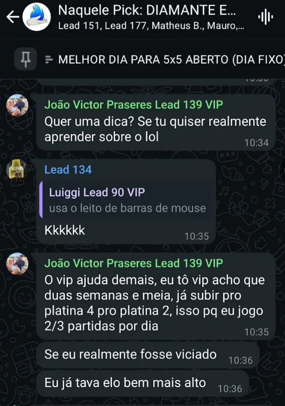 Mensagens de aluno no grupo do VIP sobre subir de Platina 4 pra Platina 2